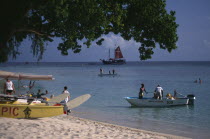 Holetown. Various boats and tourist water activities beside beach. Barbadian Beaches Holidaymakers Resort Sand Sandy Seaside Shore Sightseeing Tourism Tourists West Indies