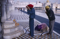 Pilgrims praying at shrine in the Golden Temple with garland of marigold flowers laid over marble steps.worship Asia Asian Bharat Inde Indian Intiya Religion Religious