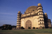 The Golgumbaz  mausoleum of Mohammed Adil Shah built in 1659.  Exterior view with corner towers and domed roof.tomb burial place Asia Asian Bharat History Inde Indian Intiya Religion Religious