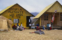 General view of a school building on a floating reed island  Islas de los Uros