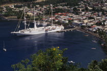 View over harbour with Tall Ship moored.Caribbean Windward Islands