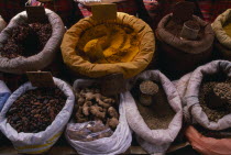 Pointe--Pitre.  Sacks of spices displayed on maket stall. Caribbean Guadeloupean West Indies