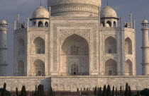 Close cropped view of exterior facade of the Taj Mahal.1631-1653  17th C.seventeenth century  mausoleum  funerary  burial site  Asia Asian Bharat History Inde Indian Intiya Religion Religious