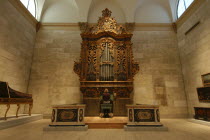 17th century baroque organ  displayed at Memorial Art Gallery  being played .American North America United States of America