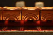 17th century baroque organ  original keyboard with worn keys  bass wood  at Memorial Art Gallery.American North America United States of America