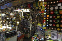 Light shop in the electronics city  selling a variety of  multi coloured bulbs and lamps.Colored Asia Asian Japanese Nihon Nippon Store