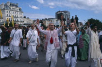 Hare Krishna taking part in a parade on Brighton seafrontEuropean Great Britain Northern Europe Religion UK United Kingdom