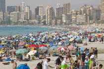 Benidorm. View of crowded beach lined with high rise hotels.