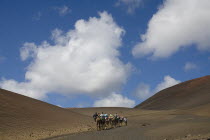 Timanfaya National Park.  Tourists riding camels through barren  volcanic landscape of the camel park  thick white cloud in blue sky above.Espainia Espana Espanha Espanya European Hispanic Southern E...