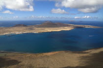 Mirador del Rio viewpoint  497 metres or 1630 feet above sea level with view across the Rio Strait towards La Graciosa.  Location created by Cesar Manrique in 1973.Espainia Espana Espanha Espanya Eur...