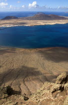 Mirador del Rio viewpoint 497 metres or 1630 feet above sea level lwith view across the Rio strait towards La Graciosa. Location created by Cesar Manrique in 1973.Espainia Espana Espanha Espanya Euro...