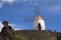 Jardin de Cactus.  Restored windmill in garden in former volcanic quarry designed by Cesar Manrique.Espainia Espana Espanha Espanya European Hispanic Southern Europe Spanish
