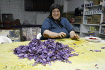 Ano Komi. Greek woman separating useful saffron from the flower .culturetraditionkrokoskrocuscrokoscrocossafransaffranfarmingspiceseasoningvillage lifelifestylefarmerAgriculture Ellada...