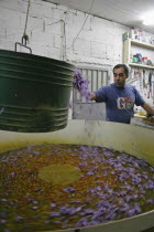 Greek farmer using old machine producing air in order to separate the saffron from the flowerculturetraditionkrokoskrocuscrokoscrocossafransaffranfarmingspiceseasoningflowersvillage life...