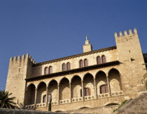 Palma.  Palau de l Almudaina  part view of exterior of Moorish palace with crenellated towers and arcaded balcony  now houses a museum.Majorca fortified fortification defence defensive Defense Espain...