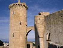 Palma. Bellver Castle. Tower and keep close-up with blue sky