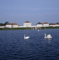 Schloss Nymphenburg. Viewed from across the canal with swans on water