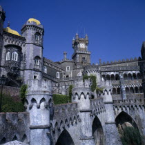 Pena Palace. View  from castle walls with clock tower and blue sky