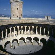 Palma. View over Bellver Castle courtyardMountains in distance