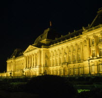 The Royal Palace frontage illuminated at night