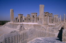 Fifth century BC Archaemenid palace complex.  Xerxes Palace  raised  rectangular archways and column ruins.