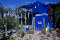 The Jardin Majorelle. Ornamental garden with vibrant colbolt blue building