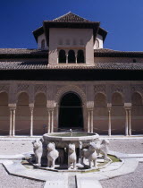 Alhambra Palace. Palacio Nazaries or Nasrid Palace. Patio de los Leones fountain with carved lions