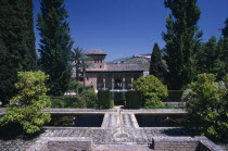 Alhambra Palace. The Alcazaba. Jardins de Partal with the Palace of the Maids in the background