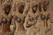Detail of relief carving of apsaras or celestial nymphs in the upper level of the temple.Asian Cambodian History Kampuchea Religion Southeast Asia Kamphuchea Religious