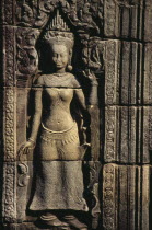 Banteay Kdei.  Detail of relief carving of apsara celestial female figure at twelth century site built as a monastic complex by Jayavarman VII. Asian Cambodian Kampuchea Religion Southeast Asia Histo...