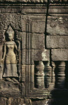 Banteay Kdei.  Detail of relief carving of apsara celestial female figure at twelth century site built as a monastic complex by Jayavarman VII. Asian Cambodian History Kampuchea Religion Southeast As...