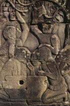 The Bayon.  Bas relief carvings on the south wall depicting everyday scenes.  Washing and bathing.Asian Cambodian Clean Cleaning History Kampuchea Laundry Southeast Asia Cleansing Kamphuchea Launderi...