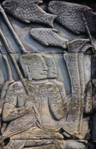 The Bayon.  Detail of bas relief carving on south wall depicting scenes of war.  Khmer soldiers on ship.Asian Cambodian History Kampuchea Southeast Asia Kamphuchea