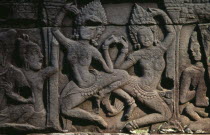 The Bayon.  Detail of bas relief carving on east wall depicting apsara dancers.Asian Cambodian History Kampuchea Religion Southeast Asia Kamphuchea Religious