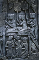 The Bayon.  Detail of bas relief carvings on east wall depicting kitchen in Chinese merchants house.Asian Cambodian History Kampuchea Southeast Asia Kamphuchea