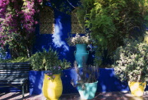 The Jardin Majorelle owned by Yves St Laurent.  Detail of planting in yellow and turquoise pots against vivid blue wall with metal screen insert.