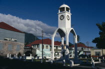 Town square and clock tower prior to volcanic eruption.