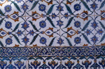 Seragkio Point.  Topkapi Palace  detail of Iznik tiles with blue stylised floral motif.