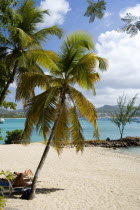Pigeon Island National Historic Park Tourists on the beach lined with coconut palm trees and Rodney Bay beyond