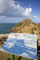 Pigeon Island National Historic Park Signal Hill seen from Fort Rodney with an illustrated display of the fort in the 18th Century in the foreground
