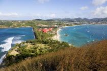 The isthmus leading to Pigeon Island seen from Signal Hill within the National Historic Park with the Atlantic Ocean on the left and the Caribbean of Rodney Bay on the right