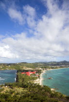 The isthmus leading to Pigeon Island seen from Signal Hill within the National Historic Park with the Atlantic Ocean on the left and the Caribbean of Rodney Bay on the right