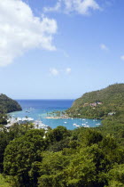 Marigot Bay The harbour with yachts at anchor the and lush surrounding valleyCaribbean West Indies Windward Islands Scenic  Caribbean West Indies Windward Islands Scenic