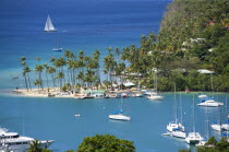 Marigot Bay The harbour with yachts at anchor and a yacht sailing out at sea beyond the small coconut palm tree lined beach of the Marigot Beach Club sitting at the entranceCaribbean West Indies Wind...