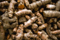 Market spice stall with galangal a member of the ginger family herb