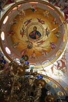 Nazareth.  Interior of the Greek Orthodox Church of St. Gabriel also known as the Church of the Annunciation  located over the spring that fed Marys Well.  Interior of the  dome with painting of Jesu...