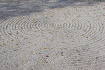 Zen sand garden made by monks at a Zen Buddhist temple.  Circular pattern raked on surface scattered with fallen Autumn leaves.traditionculturebuddhistbelievebeliefmeditationcontemplationcircl...
