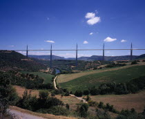 Millau bridge which spans the Tarn River Valley and carries the A75 motorway from Beziers to Clermont Ferrand.  Seen from the west.