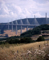 North end of the Millau bridge crossing the Tarn Valley carrying the A75 motorway linking Beziers in the south with Clermont Ferrand in the north.