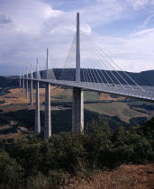 North end of the Millau bridge crossing the Tarn Valley carrying the A75 motorway linking Beziers in the south with Clermont Ferrand in the north.